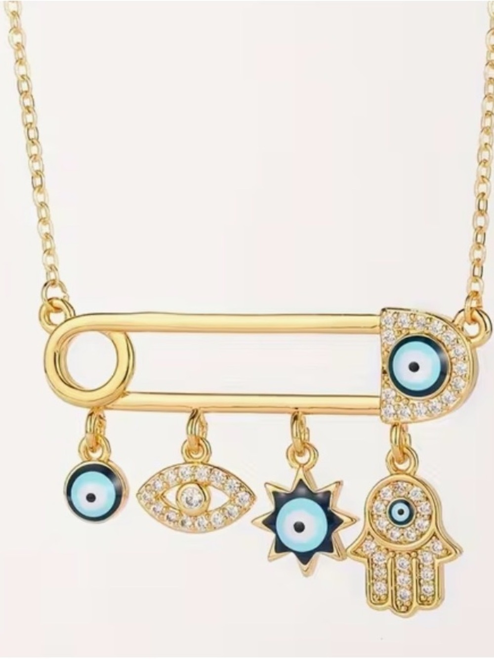 Gold-Tone Evil Eye & Hamsa Charm Safety Pin Necklace - Surgical Steel